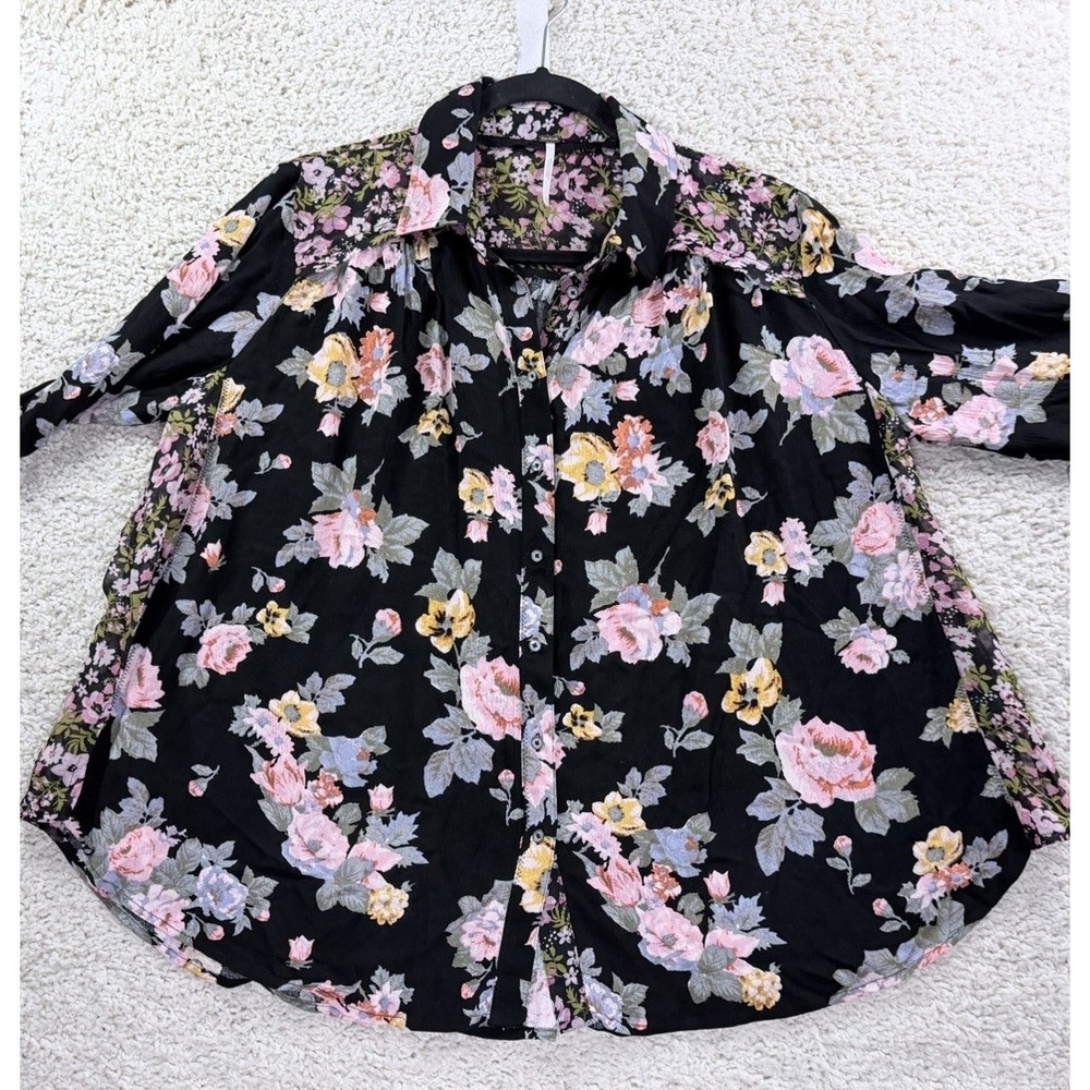 Free People Hold On To Me Black Floral Print Blouse Medium Oversized Top - Picture 9 of 16